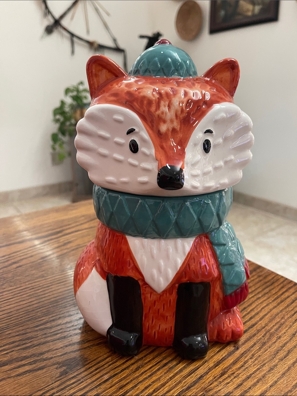 Ceramic Fox Cookie Jar in Orange and Teal